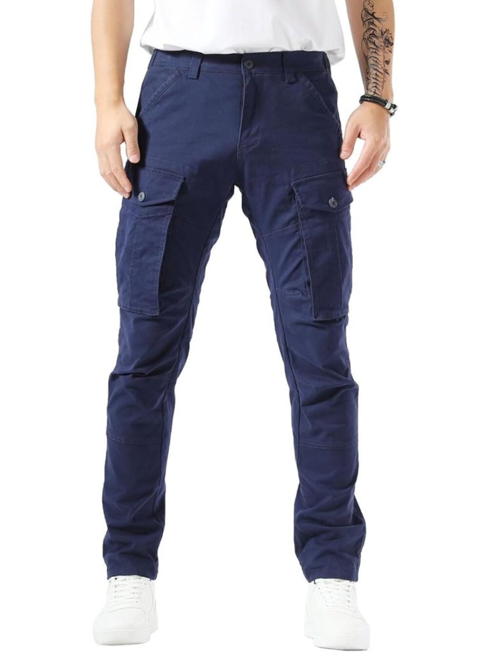 Slim Fit Plaid & Plain Men's Cargo Pants, Articulated Knees, Stylish & Versatile